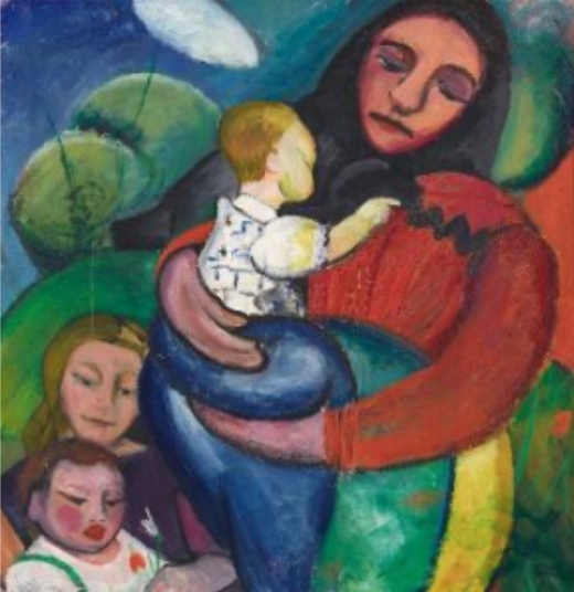 Gemälde einer Mutter mit zwei Kindern in farbenfroher Umgebung.